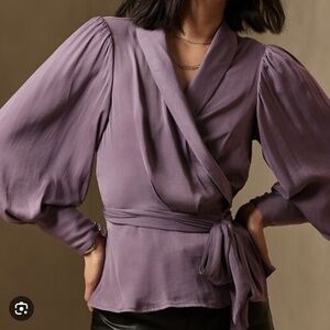 Banana Republic Purple Satin Wrap Top with Balloon Sleeves Size Medium